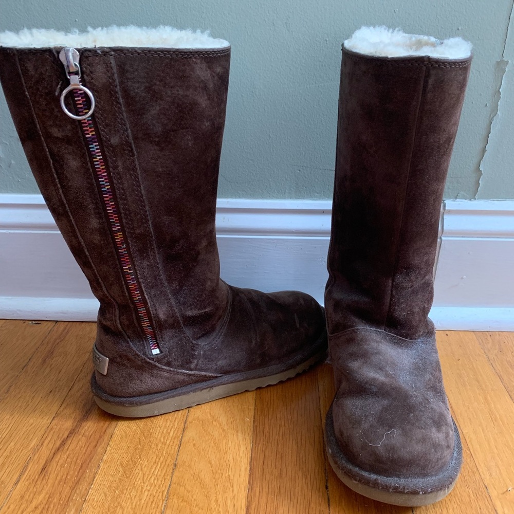 Girls Chocolate UGG Boots w/ Rainbow Zipper | 2